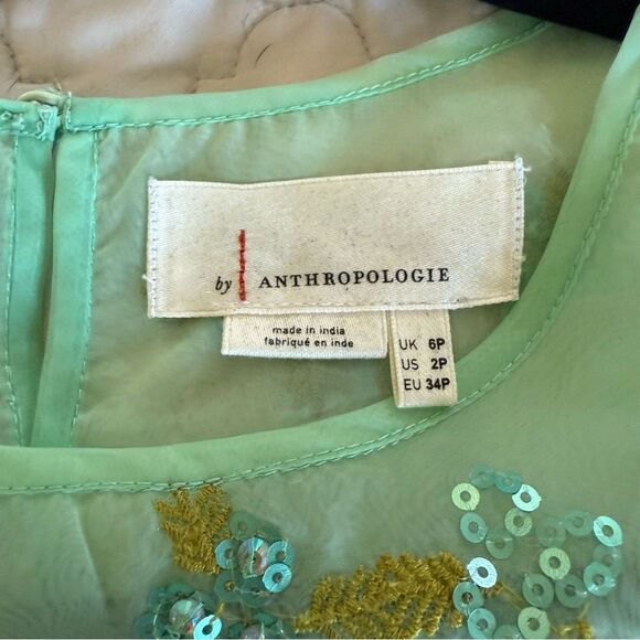 Sz 2P Anthropologie Mint Green Floral Embroidered Sheer Blouse - Picture 5 of 7